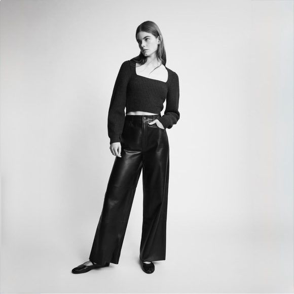 ZARA Ribbed Cropped Knit Top Square Neck Long Sleeve Charcoal Gray Medium - Picture 10 of 13